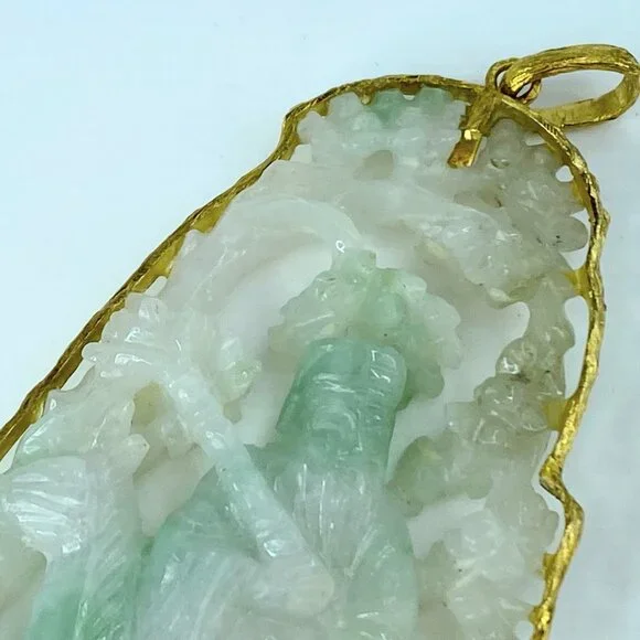 Vintage hand carved Jade custom made 14K pendant 3 1/4" 1 3/4" 32.3g JR8675